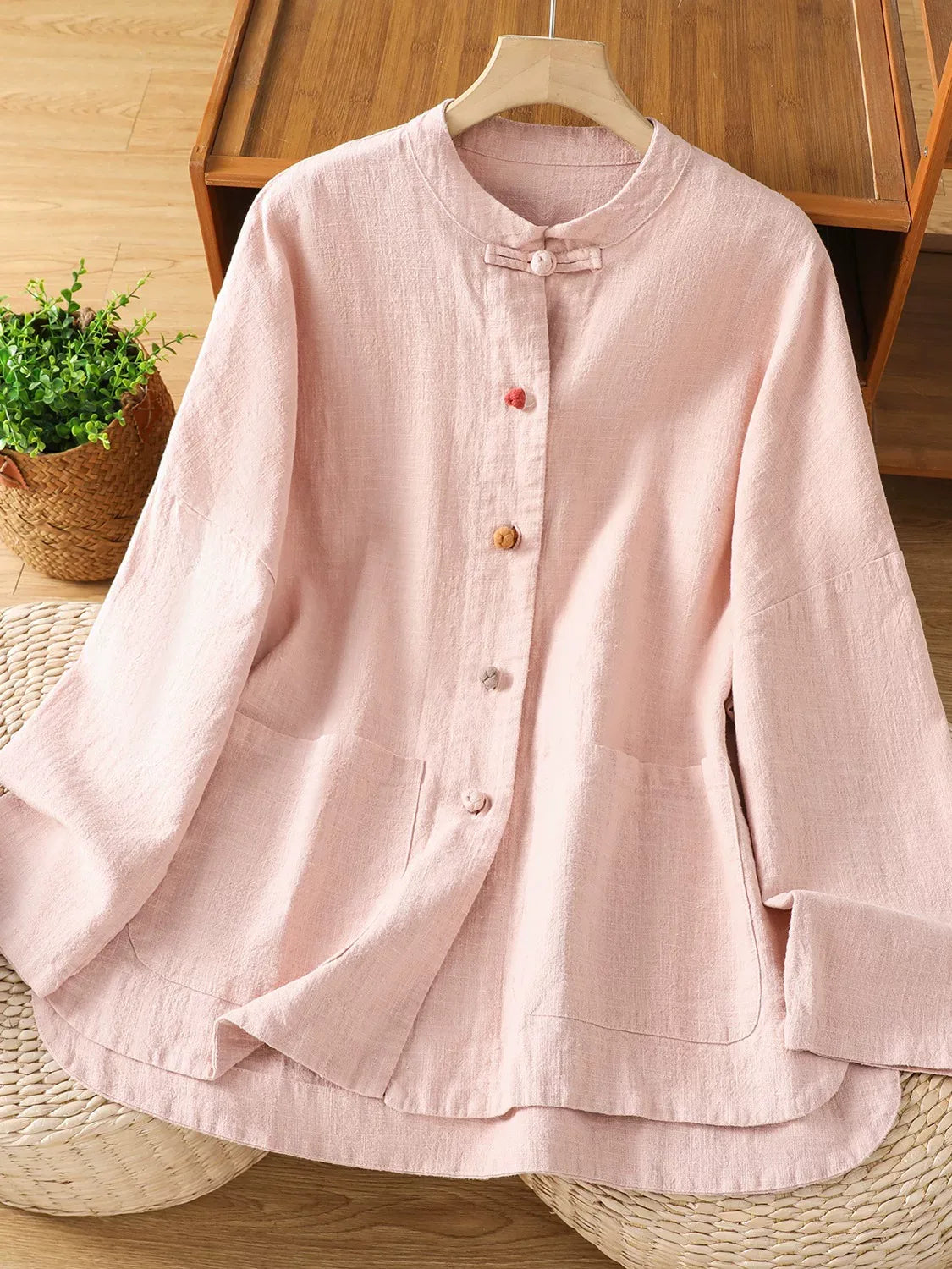 Mandarin Collar Frog Button Patch Pocket Long Sleeve Shirt