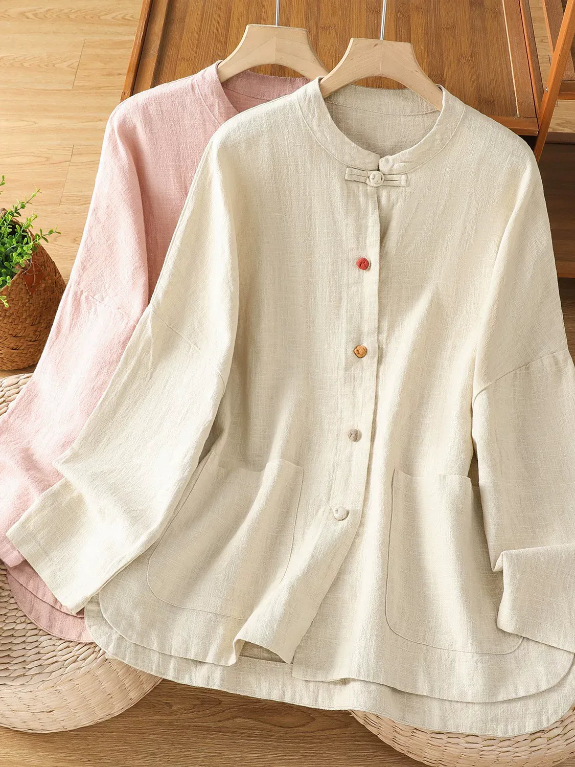 Mandarin Collar Frog Button Patch Pocket Long Sleeve Shirt