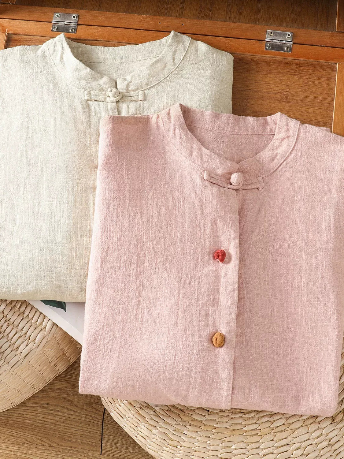 Mandarin Collar Frog Button Patch Pocket Long Sleeve Shirt