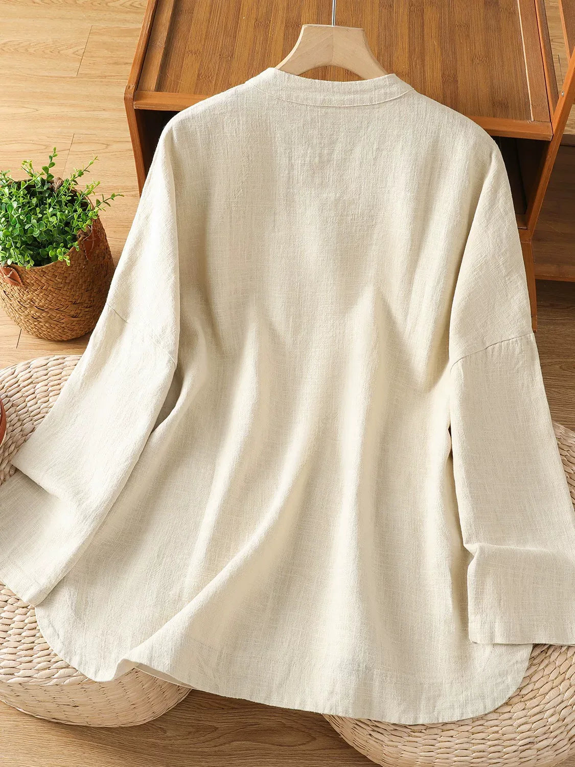 Mandarin Collar Frog Button Patch Pocket Long Sleeve Shirt
