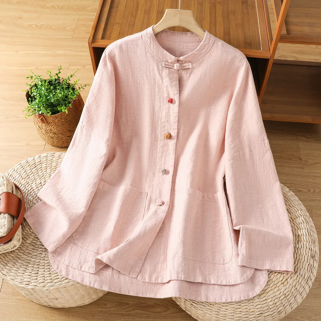 Mandarin Collar Frog Button Patch Pocket Long Sleeve Shirt - Pink