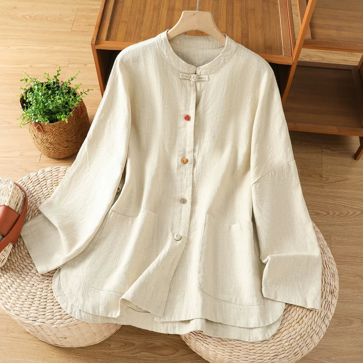 Mandarin Collar Frog Button Patch Pocket Long Sleeve Shirt - Natural Linen