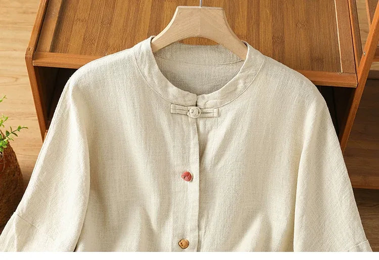 Mandarin Collar Frog Button Patch Pocket Long Sleeve Shirt