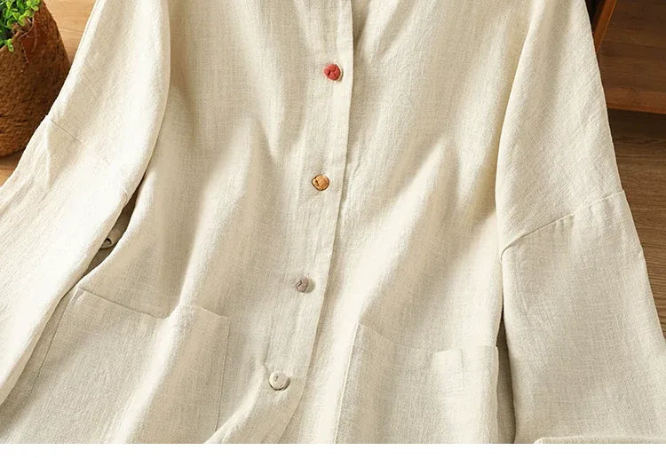 Mandarin Collar Frog Button Patch Pocket Long Sleeve Shirt