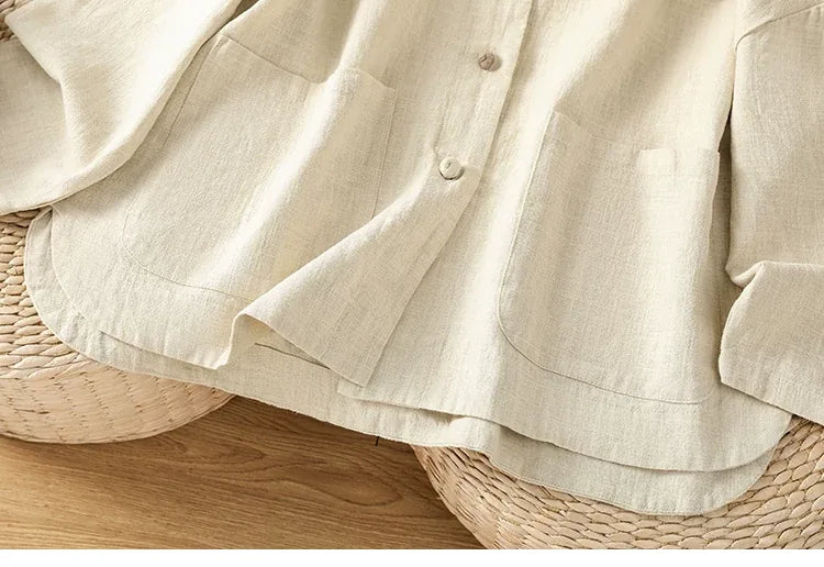 Mandarin Collar Frog Button Patch Pocket Long Sleeve Shirt