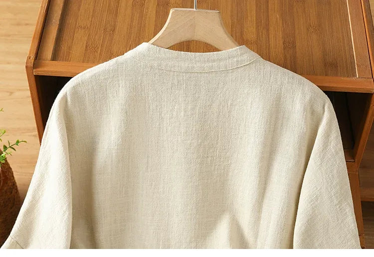 Mandarin Collar Frog Button Patch Pocket Long Sleeve Shirt