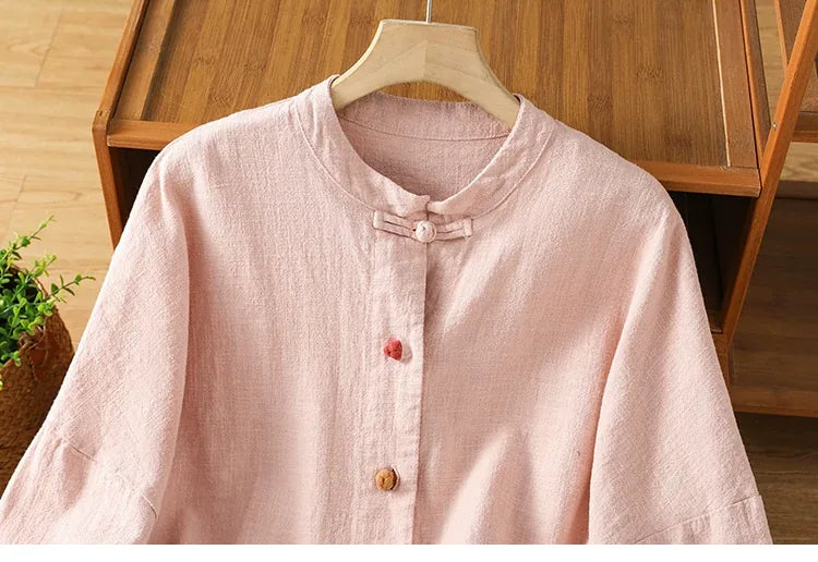 Mandarin Collar Frog Button Patch Pocket Long Sleeve Shirt