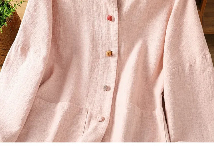 Mandarin Collar Frog Button Patch Pocket Long Sleeve Shirt
