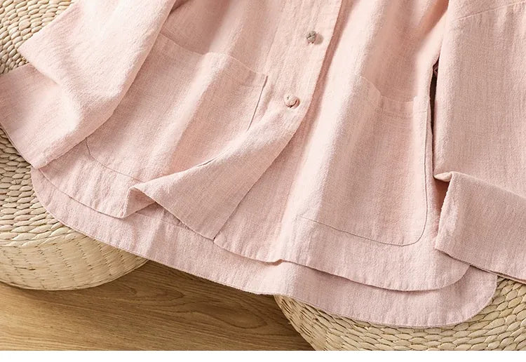 Mandarin Collar Frog Button Patch Pocket Long Sleeve Shirt