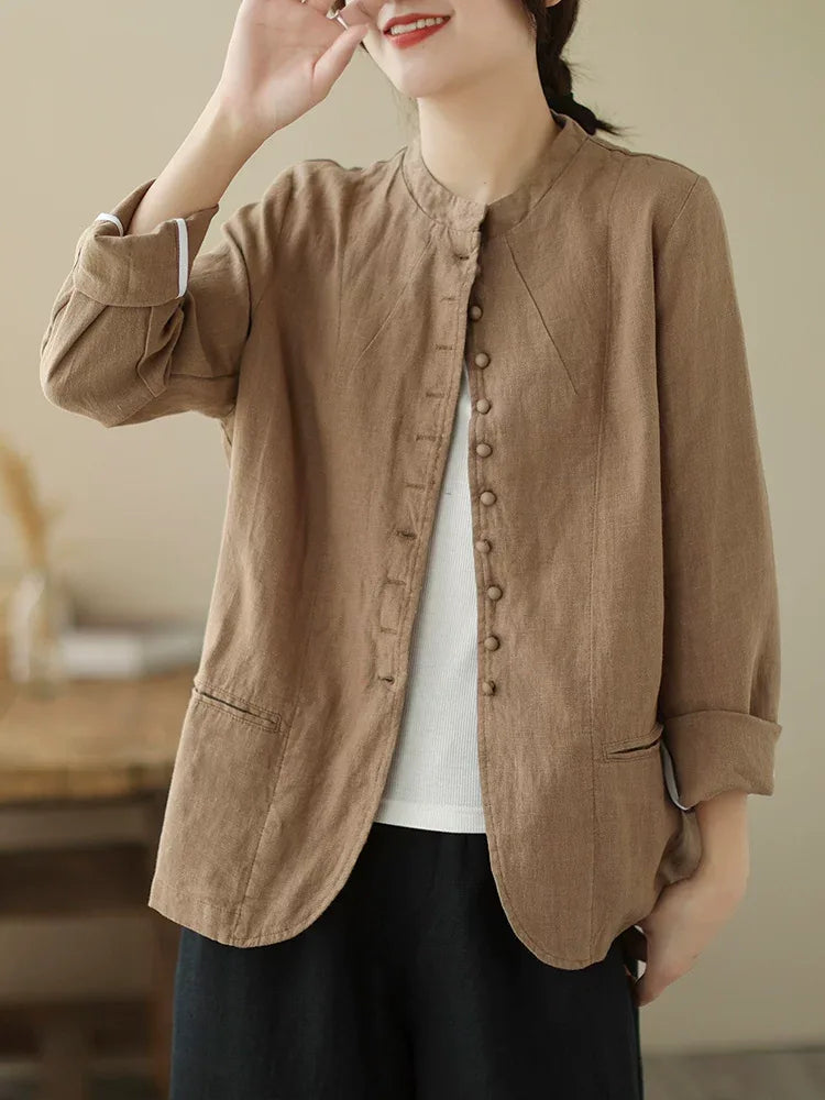 Mandarin Collar Textured Blazer with Welt Pockets