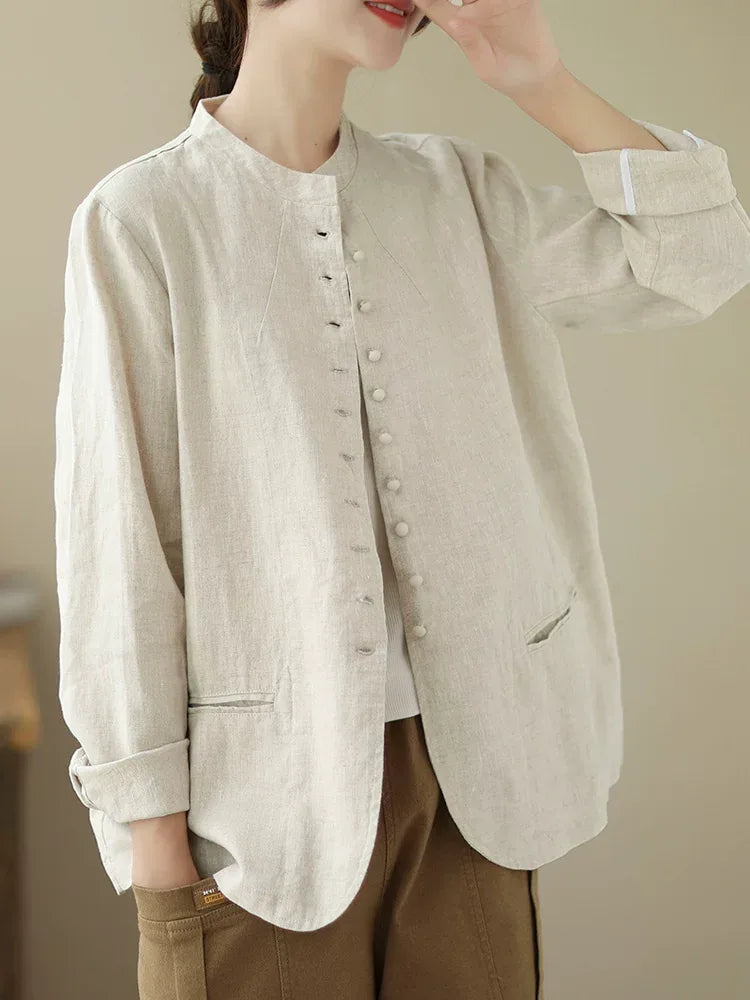 Mandarin Collar Textured Blazer with Welt Pockets