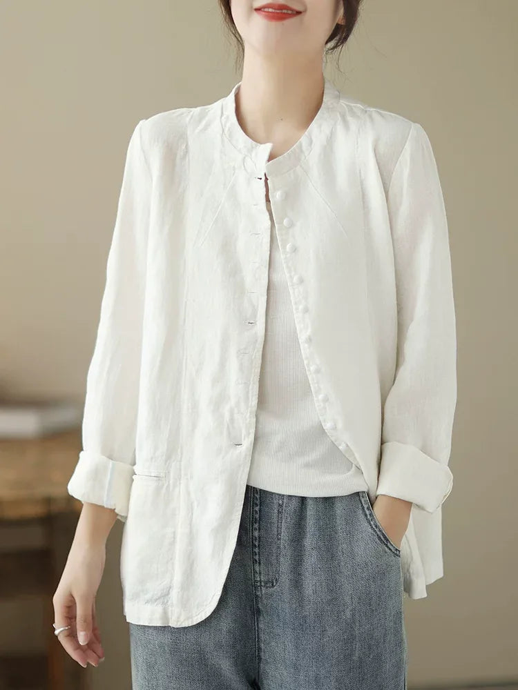 Mandarin Collar Textured Blazer with Welt Pockets