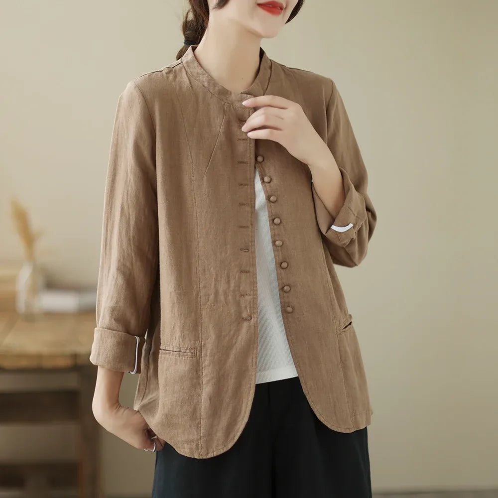 Mandarin Collar Textured Blazer with Welt Pockets