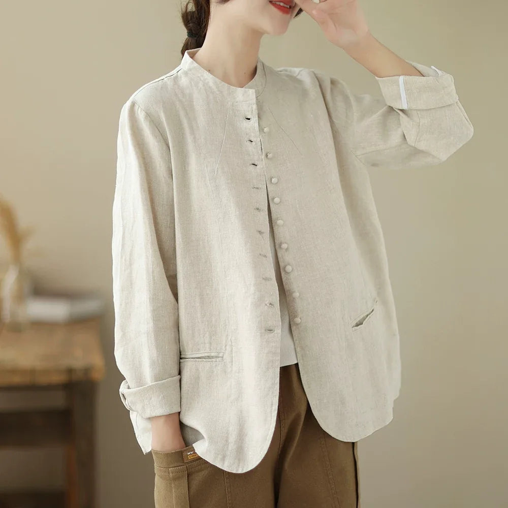Mandarin Collar Textured Blazer with Welt Pockets