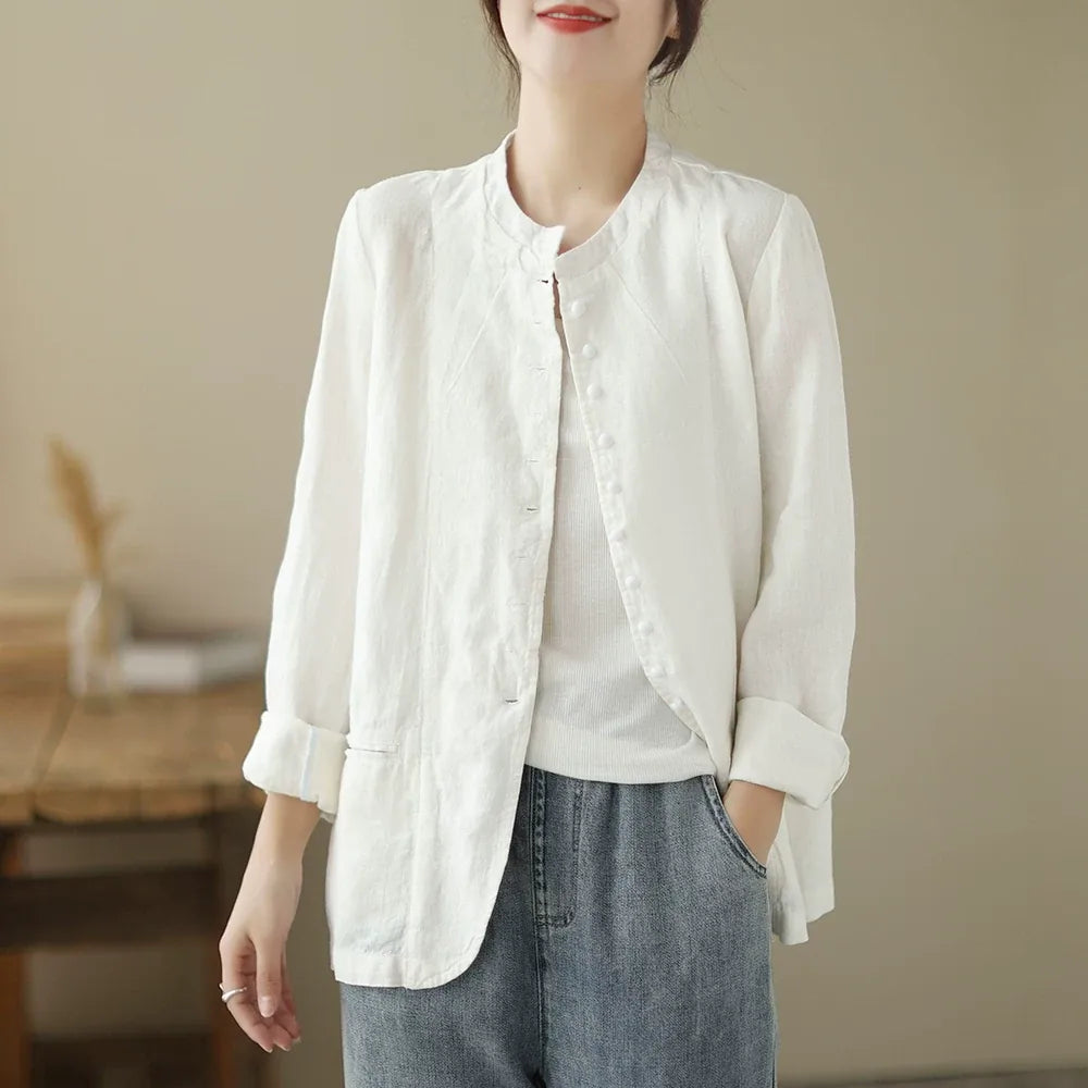 Mandarin Collar Textured Blazer with Welt Pockets