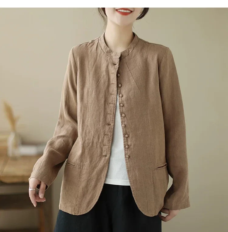 Mandarin Collar Textured Blazer with Welt Pockets