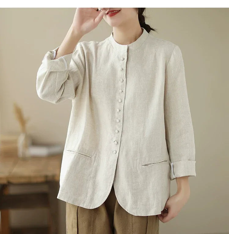 Mandarin Collar Textured Blazer with Welt Pockets