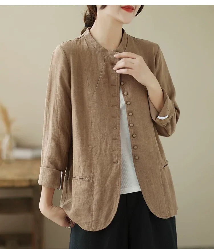 Mandarin Collar Textured Blazer with Welt Pockets