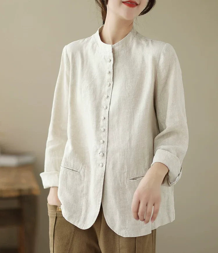 Mandarin Collar Textured Blazer with Welt Pockets
