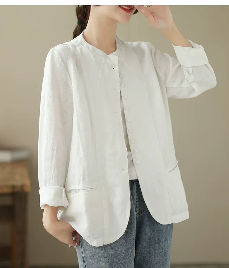 Mandarin Collar Textured Blazer with Welt Pockets