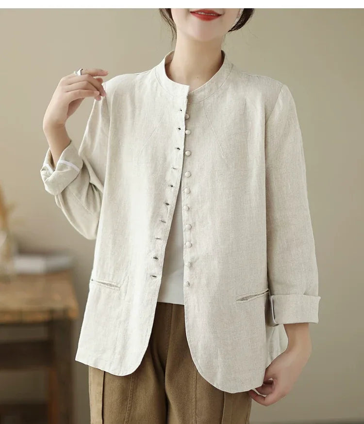 Mandarin Collar Textured Blazer with Welt Pockets