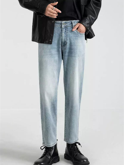 Herren-Jeans, blaugrau, gewaschen, gerades Bein, verkürzt