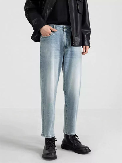 Herren-Jeans, blaugrau, gewaschen, gerades Bein, verkürzt