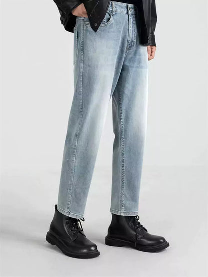 Herren-Jeans, blaugrau, gewaschen, gerades Bein, verkürzt