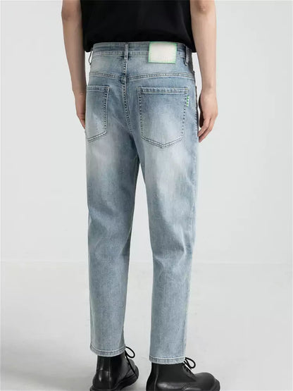 Herren-Jeans, blaugrau, gewaschen, gerades Bein, verkürzt