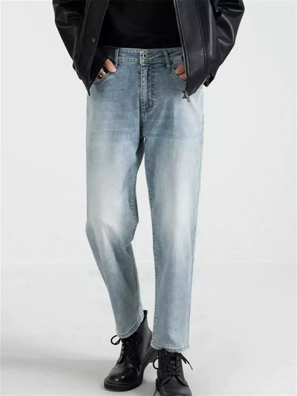 Herren-Jeans, blaugrau, gewaschen, gerades Bein, verkürzt