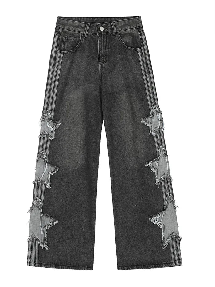 Men's Distressed Wide Leg Denim Jeans with Star Patches