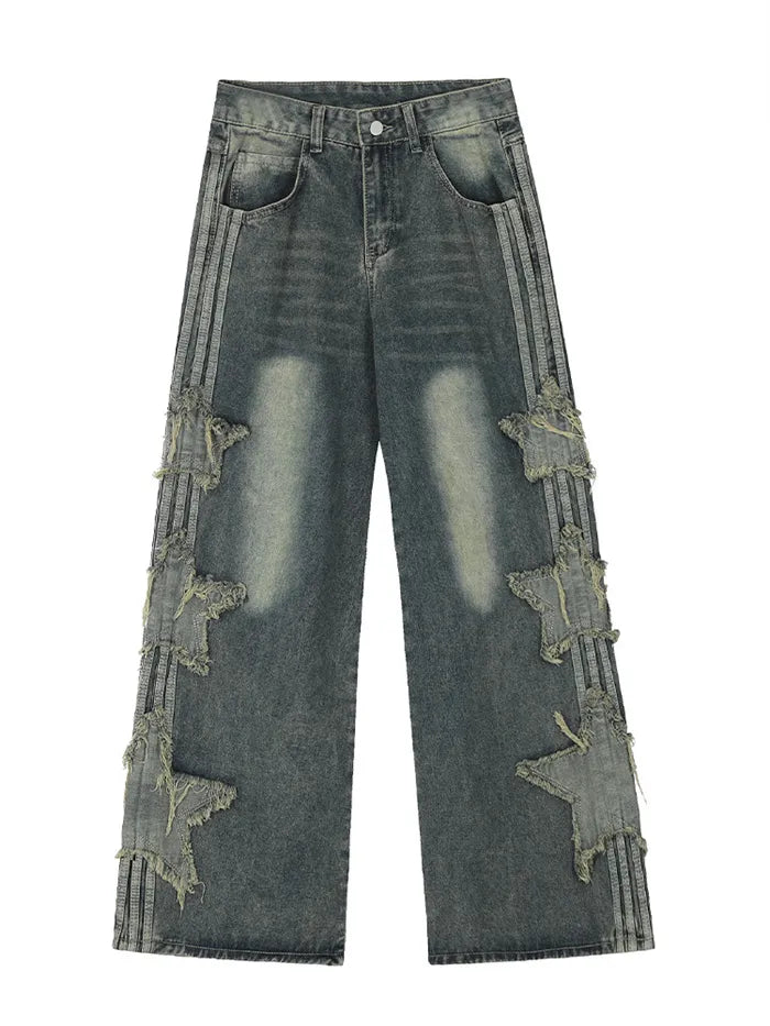Herren-Jeans aus Denim mit Used-Look, weitem Bein und Sternenaufnähern