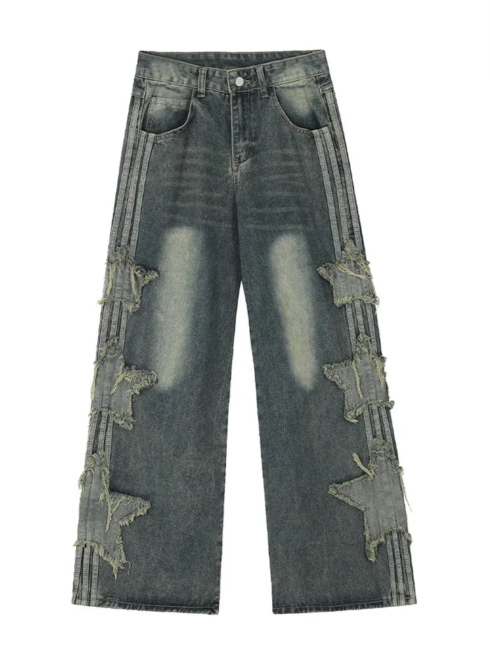 Men's Distressed Wide Leg Denim Jeans with Star Patches