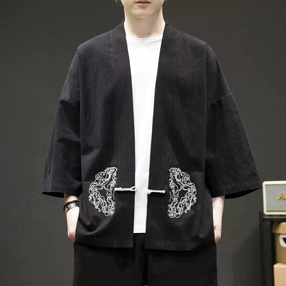 Herrenmantel aus Baumwoll-Leinen-Mischgewebe mit offener Vorderseite und Stickerei