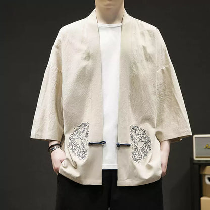 Herrenmantel aus Baumwoll-Leinen-Mischgewebe mit offener Vorderseite und Stickerei