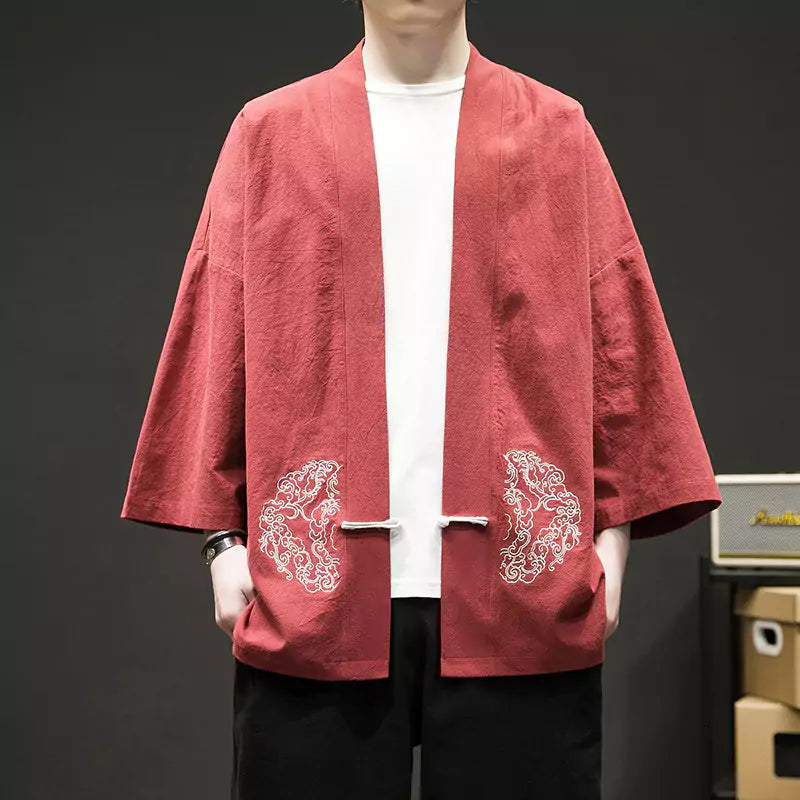 Men's Cotton Linen Blend Open Front Embroidery Coat