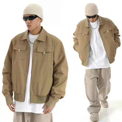 Men's Retro Casual Loose Fit Turn-Down Collar Zipper Short Cargo Jacket