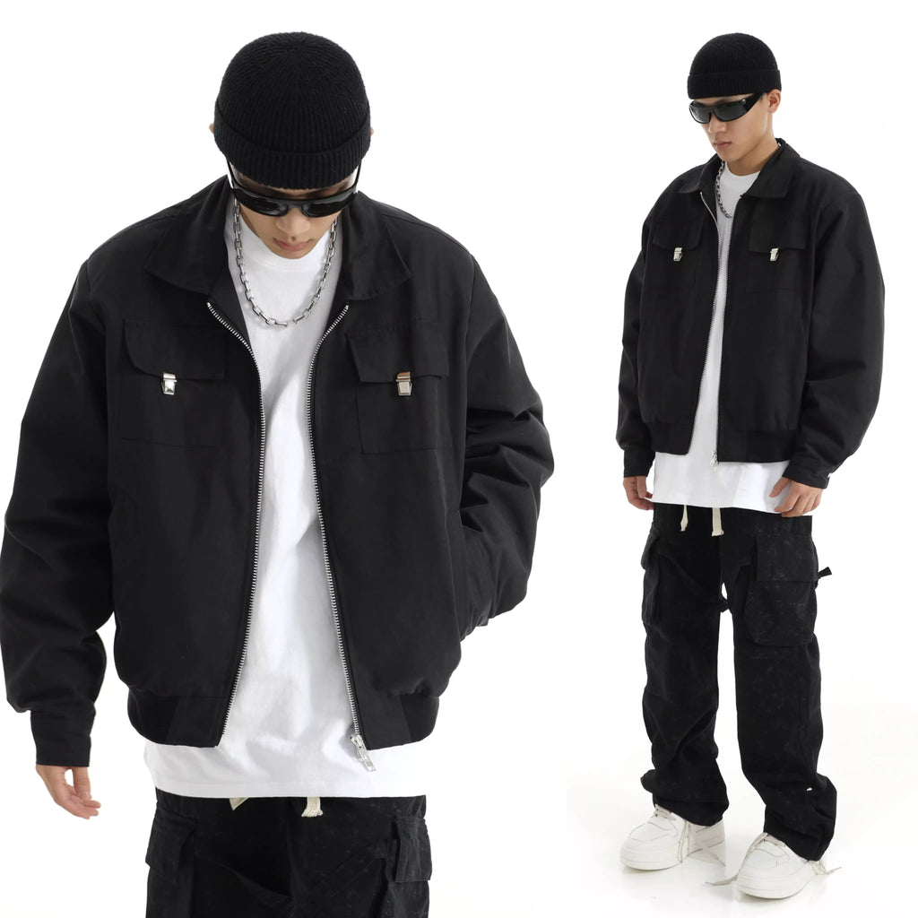 Chaqueta cargo corta, informal, retro, holgada, con cuello vuelto y cremallera para hombre