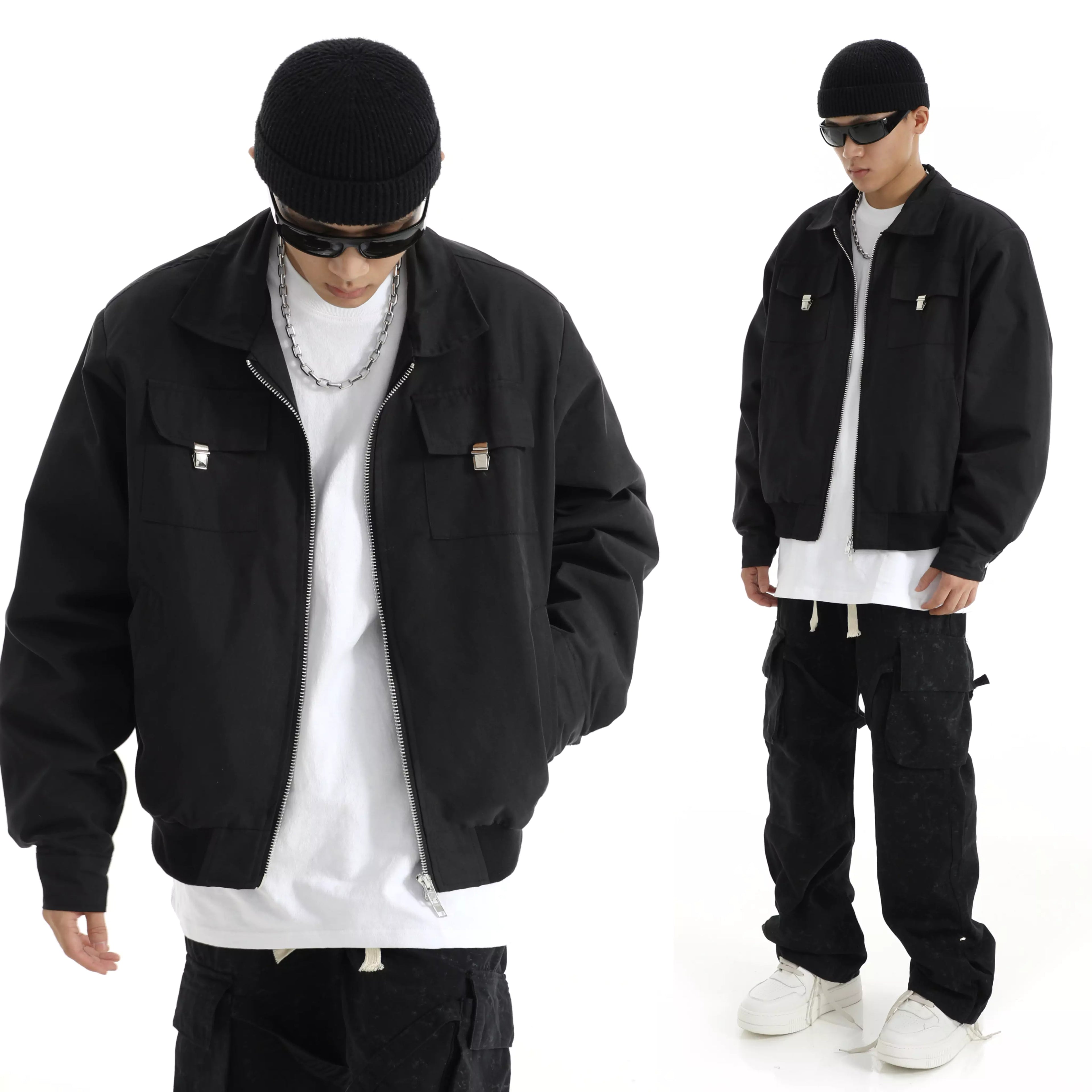 Chaqueta cargo corta, informal, retro, holgada, con cuello vuelto y cremallera para hombre
