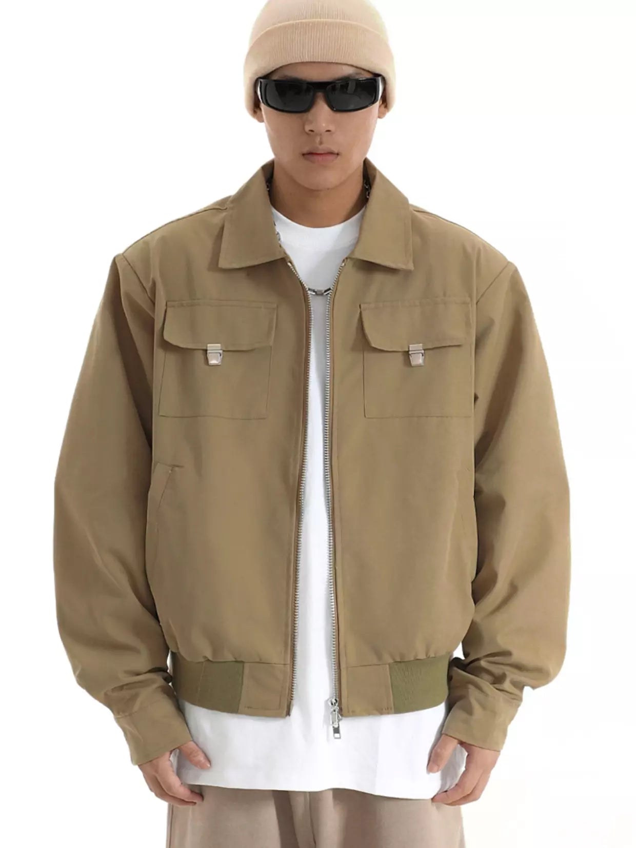 Chaqueta cargo corta, informal, retro, holgada, con cuello vuelto y cremallera para hombre