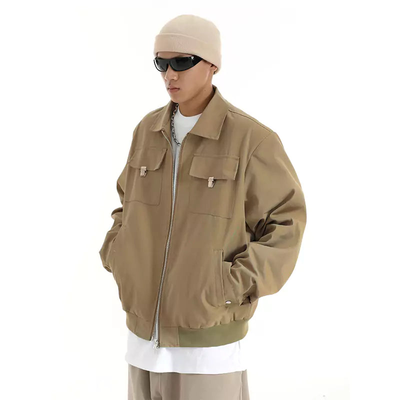 Chaqueta cargo corta, informal, retro, holgada, con cuello vuelto y cremallera para hombre
