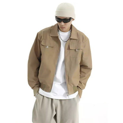 Men's Retro Casual Loose Fit Turn-Down Collar Zipper Short Cargo Jacket