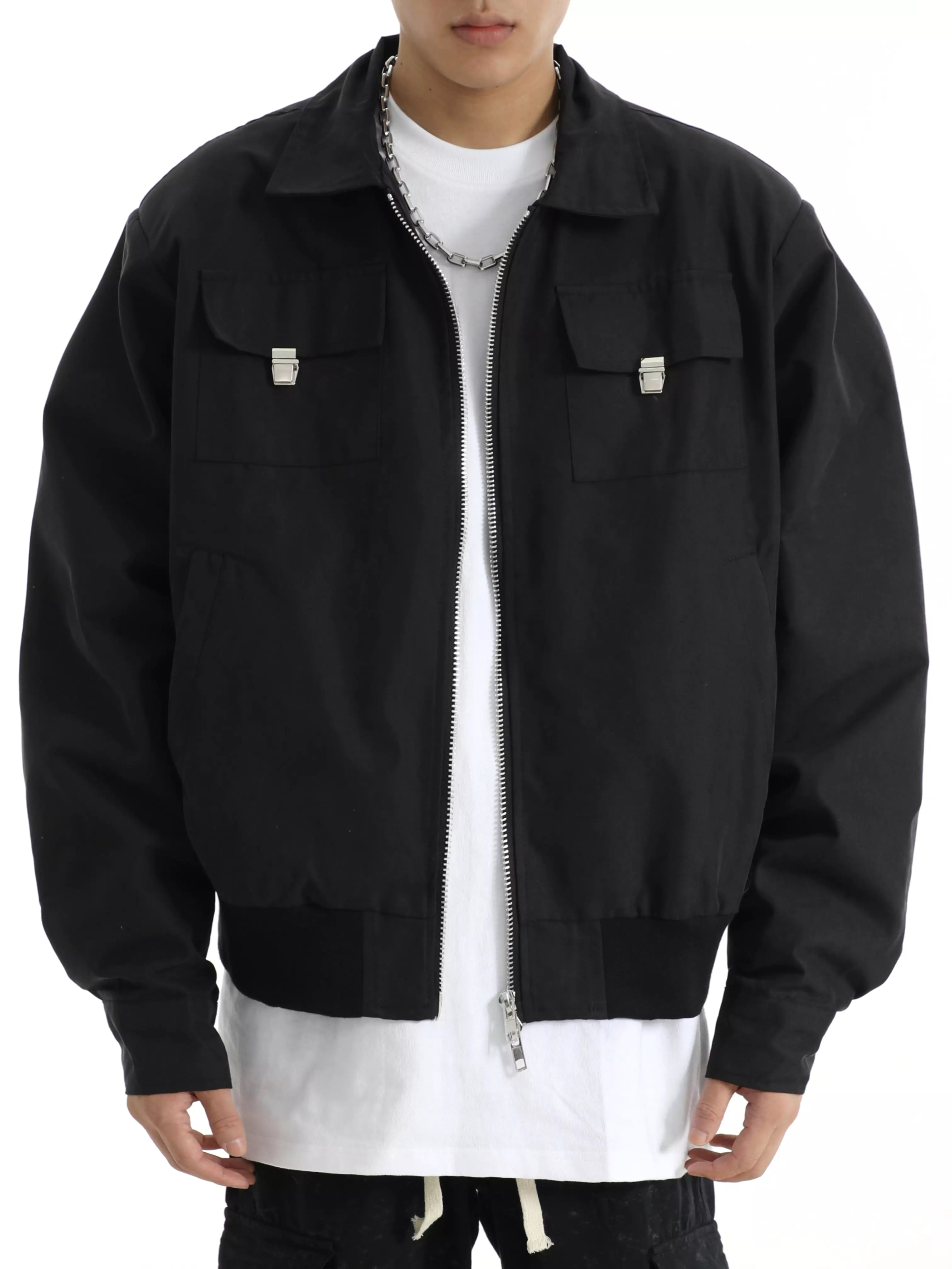 Chaqueta cargo corta, informal, retro, holgada, con cuello vuelto y cremallera para hombre