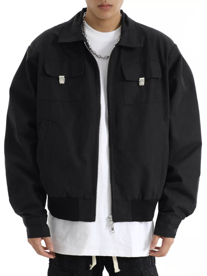 Men's Retro Casual Loose Fit Turn-Down Collar Zipper Short Cargo Jacket