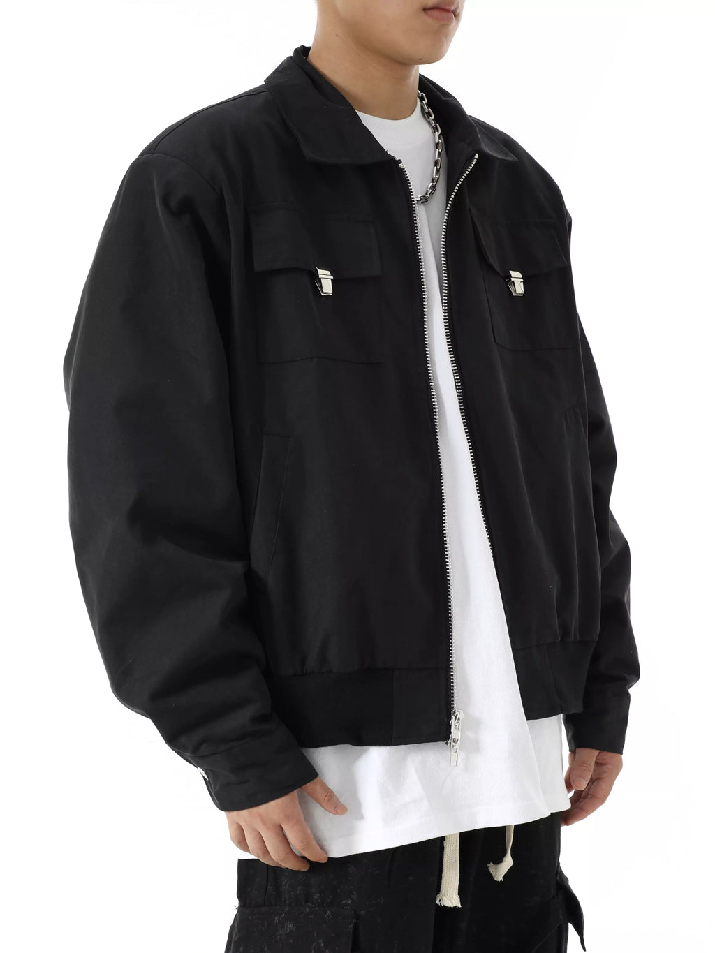 Chaqueta cargo corta, informal, retro, holgada, con cuello vuelto y cremallera para hombre