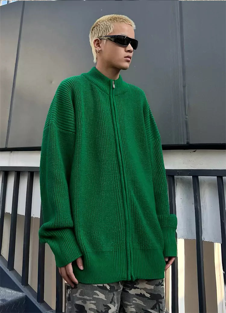 Men's Solid Color Oversized Streetwear Zip-Up Cardigan