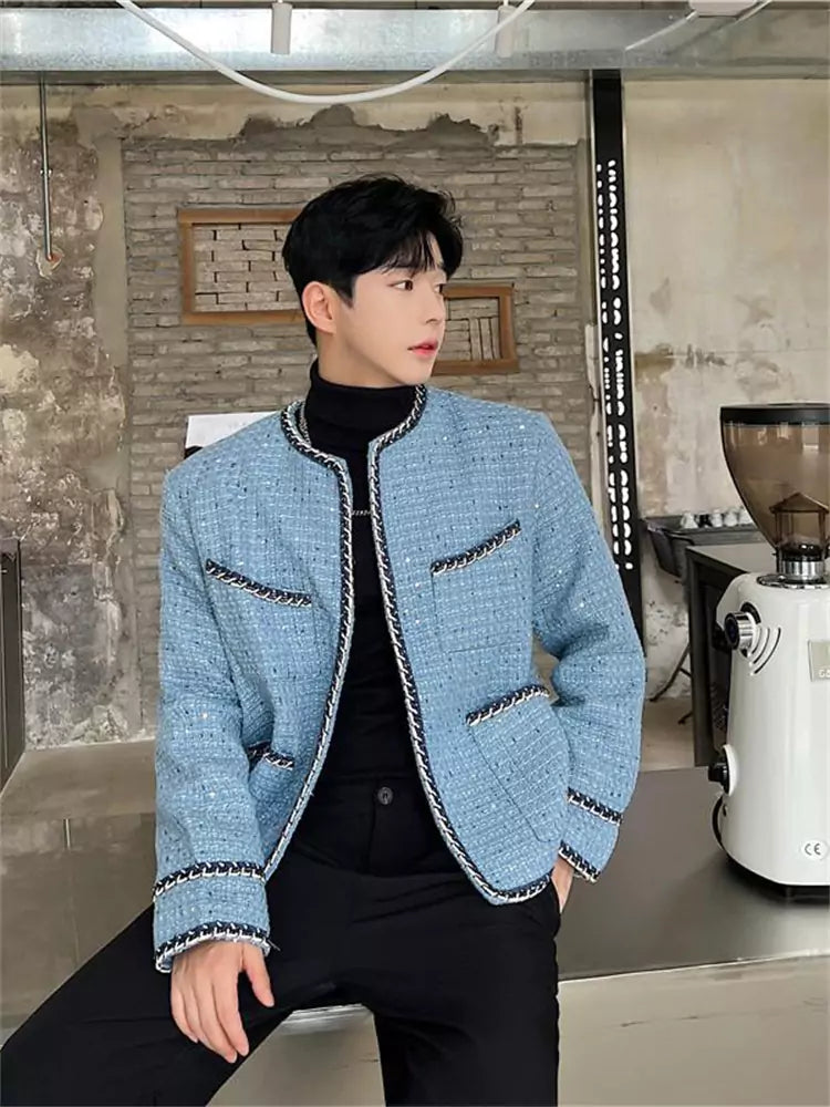 Chaqueta de tweed sin cuello con ribete de punto único para hombre