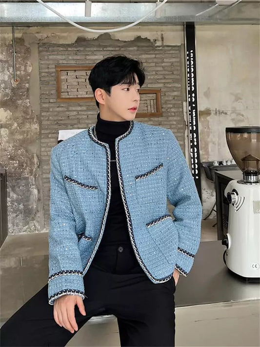 Men's Unique Knitted Trimmed Collarless Tweed Jacket