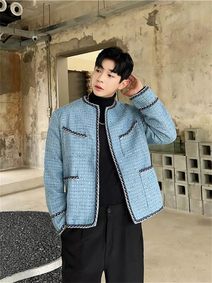 Men's Unique Knitted Trimmed Collarless Tweed Jacket