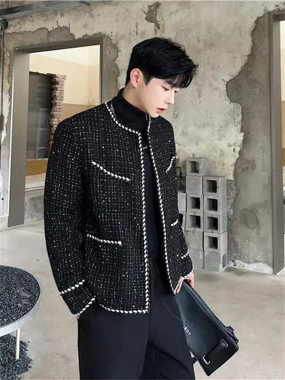 Men's Unique Knitted Trimmed Collarless Tweed Jacket